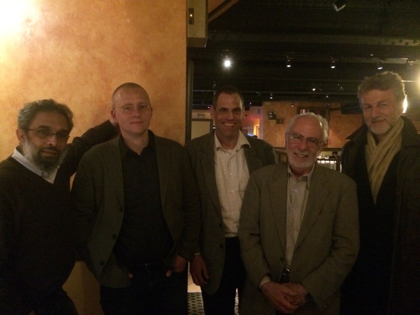 At Wesleyan, with, left to right, Joydeep Roy-Bhattacharya, Roy Scranton, me, Richard Slotkin, our host William Pinch of Wesleyan's History Department